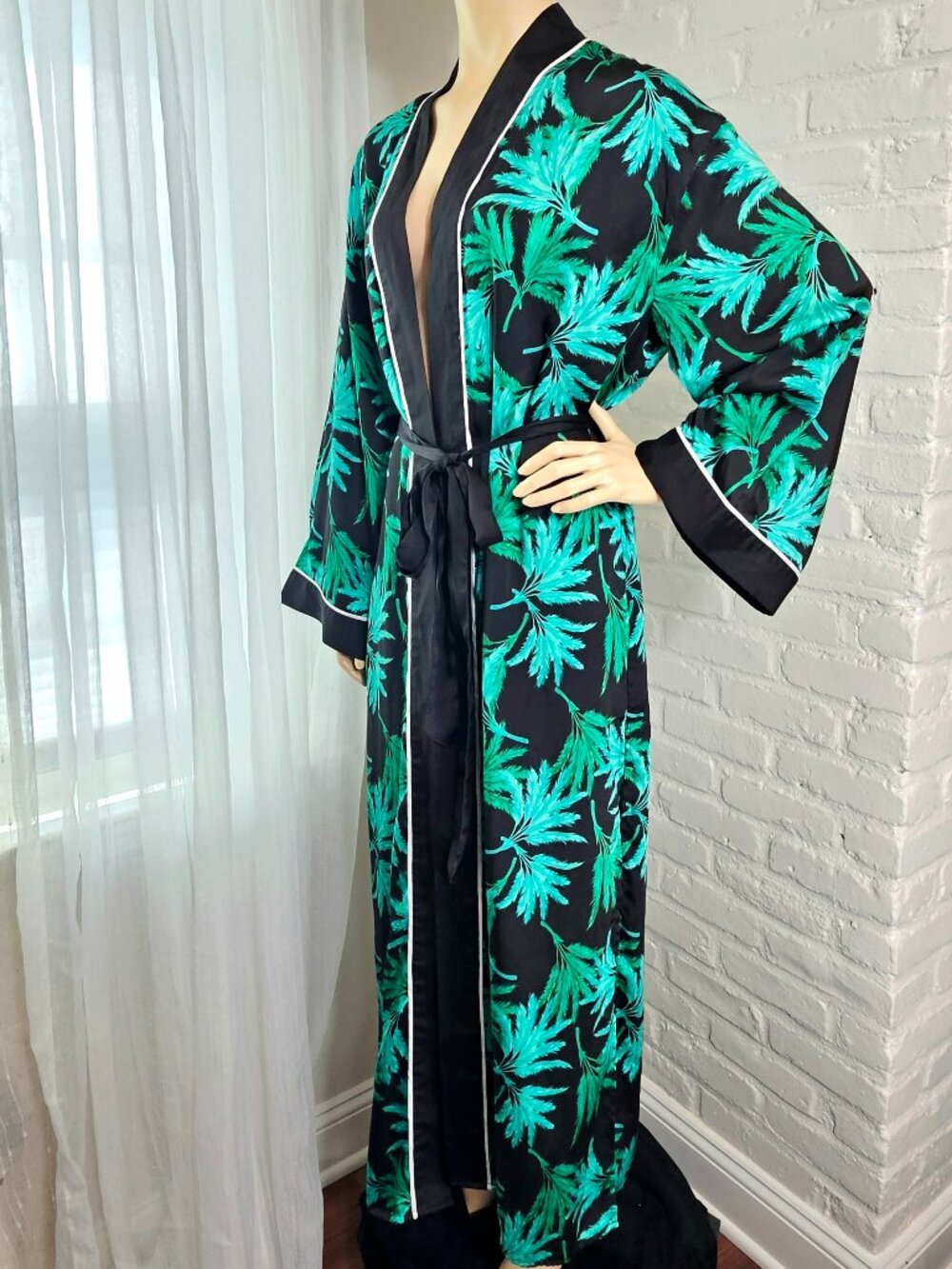 FeNoel x Target Palm Print Kimono Robe Size L Black Green Belted Duster Coverup - Picture 5 of 10